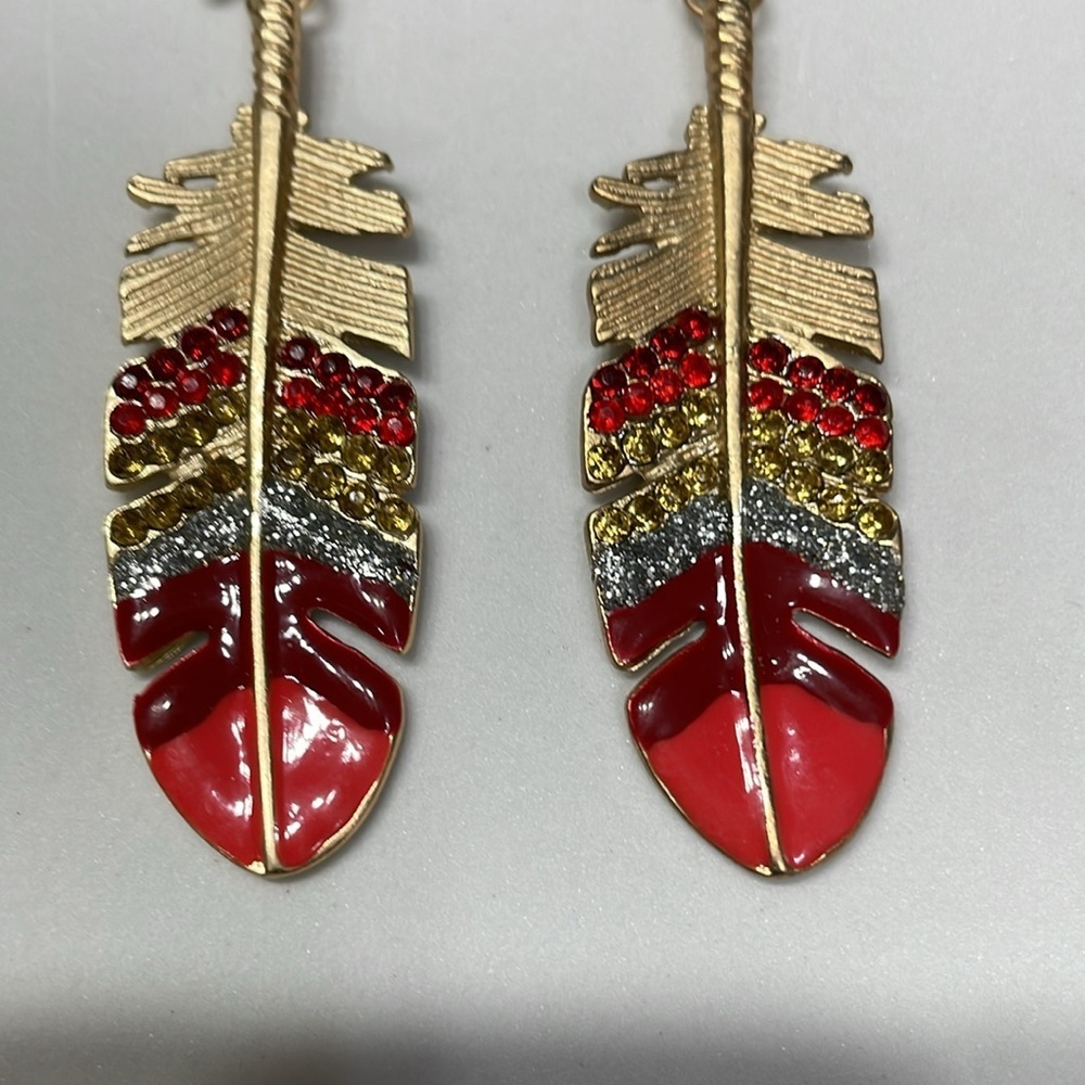 Stylish Red And Rhinestone Feather Gold Drop Earrings - Picture 7 of 14